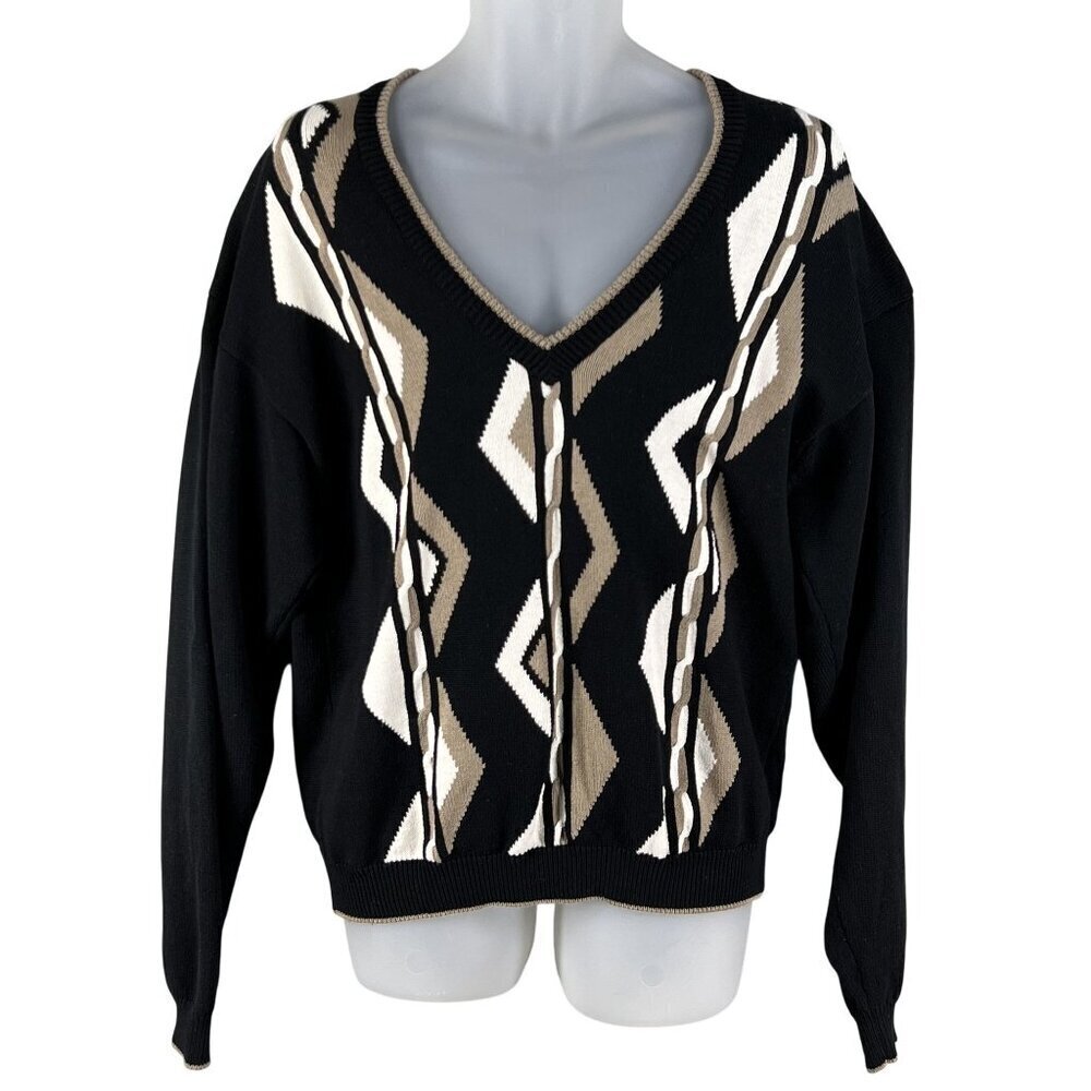 Sansabelt Sport Mens M  V-Neck Black Cotton Sweater Geometric Pattern Timeless